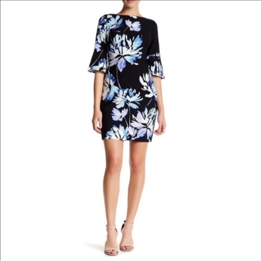 Vince Camuto sz 4 black blue purple floral sheath dress flare sleeve